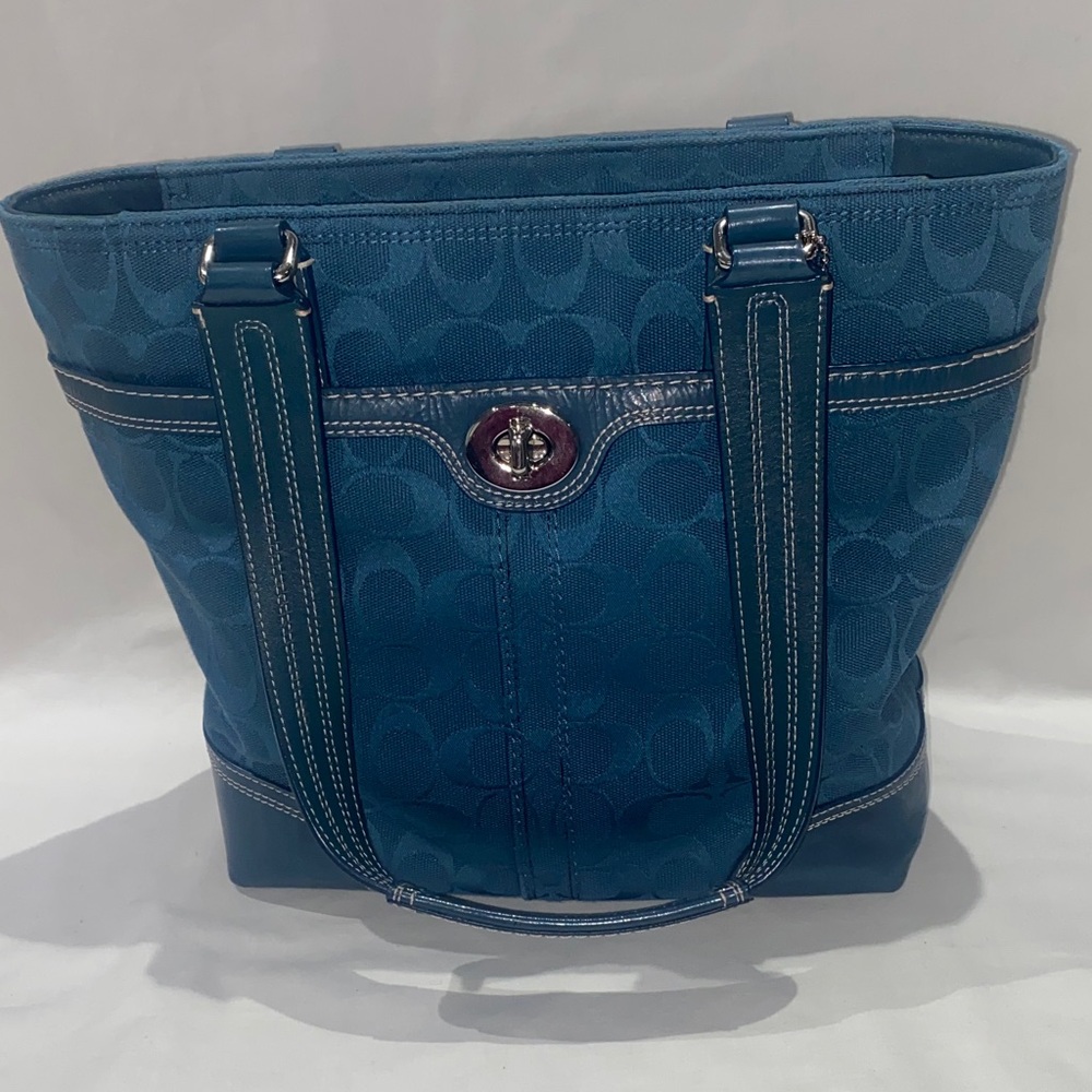 Coach F13973 Teal Signature Canvas Tote with Turnlock Accent